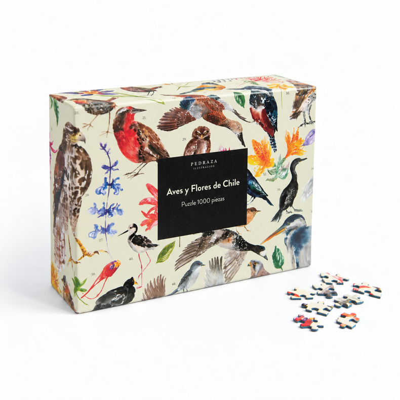Puzzle 1000 piezas Aves y flores de Chile – Pedraza Ilustración