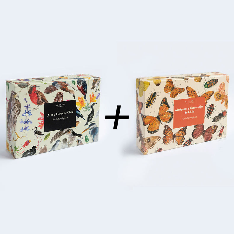 Pack 2 Puzzles (Mariposas y Escarabajos de Chile + Aves y flores de Chile)