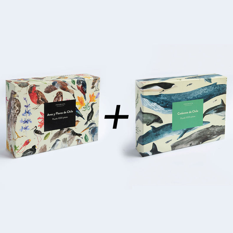 Pack 2 puzzles (Aves y flores de Chile + Cetáceos de Chile)