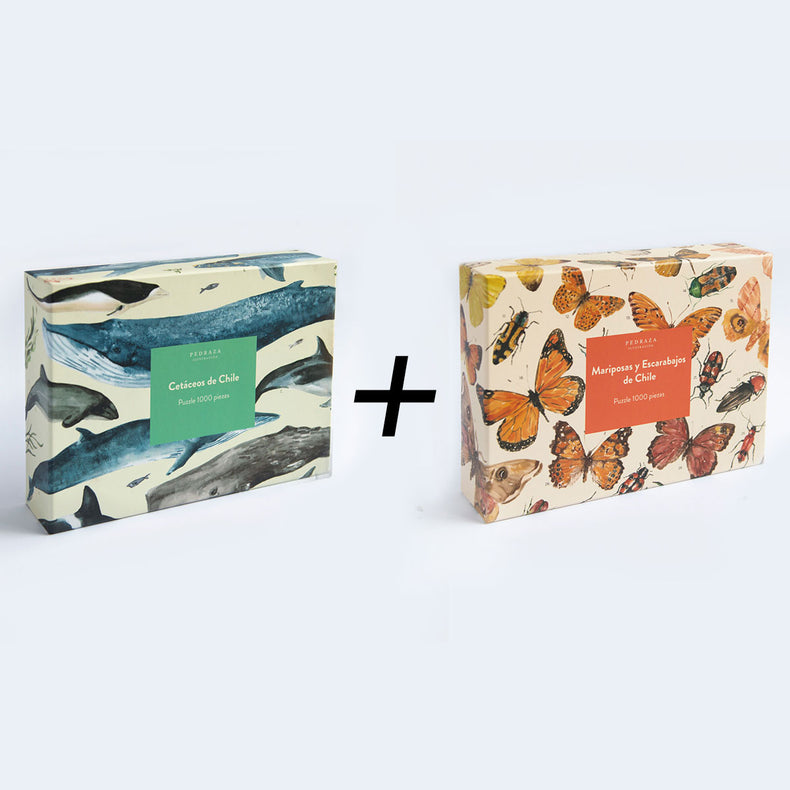 Pack 2 Puzzles ( Cetáceos de Chile + Mariposas y Escarabajo de Chile )
