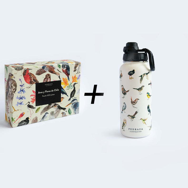 Pack Puzzle aves y flores + Botella Térmica
