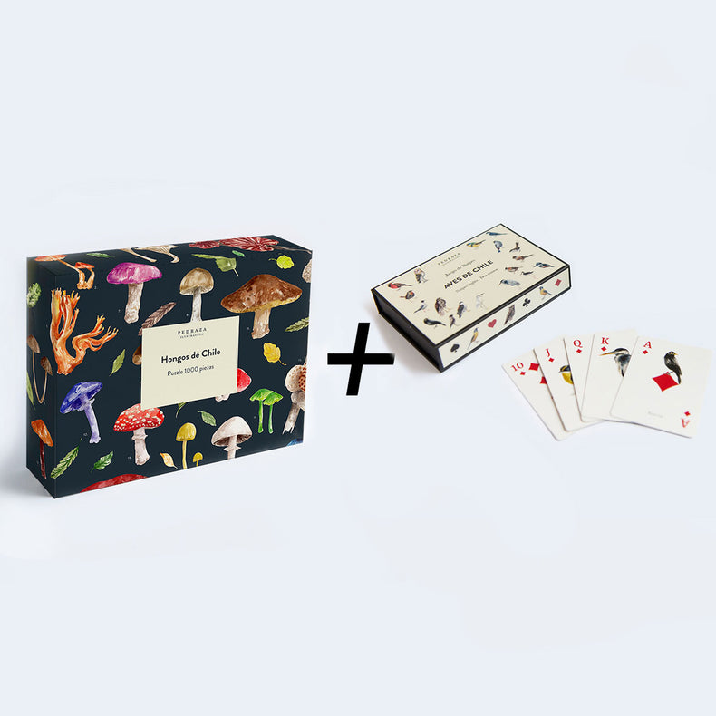 Pack Puzzle de Hongos + Juego de Naipes Aves de Chile