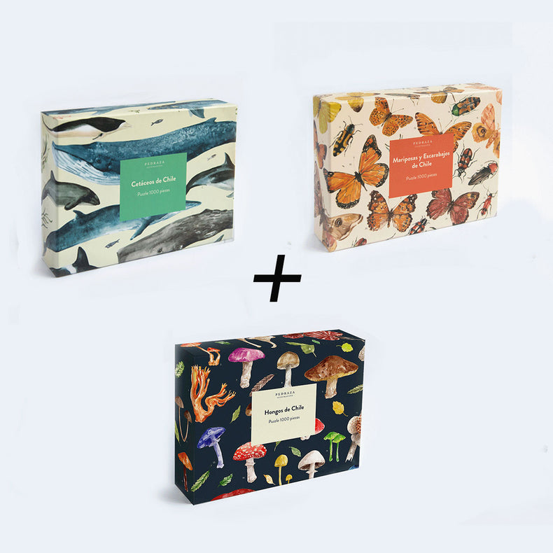 Pack 3 puzzles - Cetaceos, hongos, mariposas