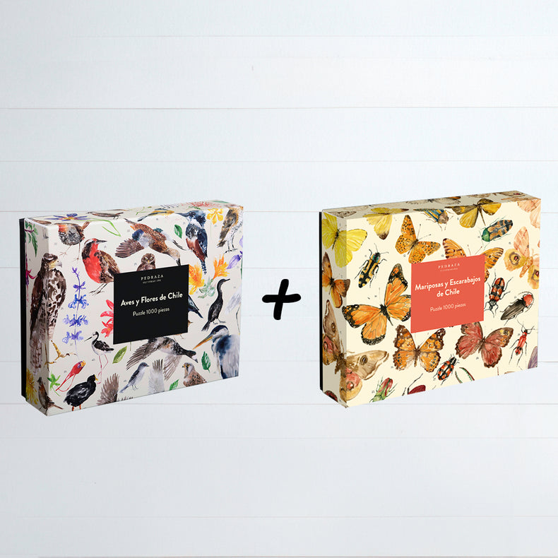 Pack 2 Puzzles (Mariposas y Escarabajos de Chile + Aves y flores de Chile)