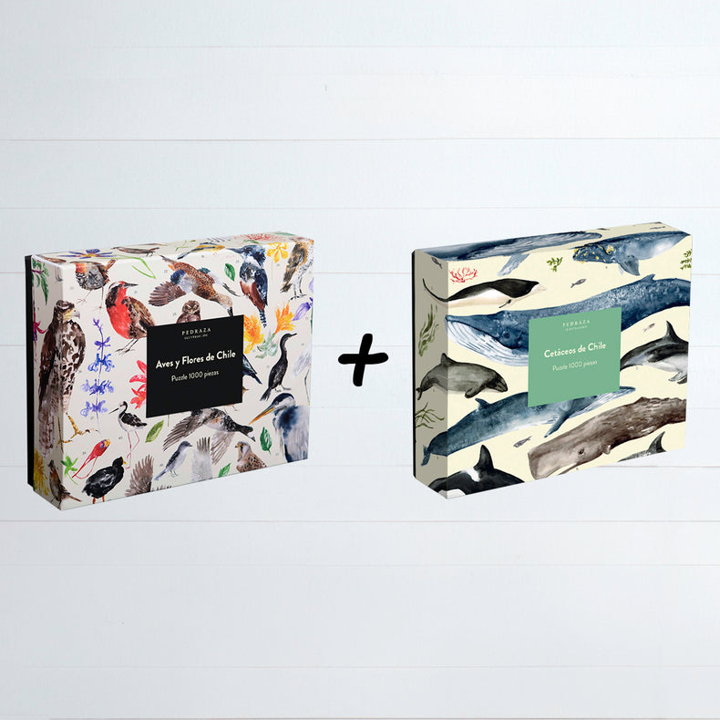 Pack 2 puzzles (Aves y flores de Chile + Cetáceos de Chile)